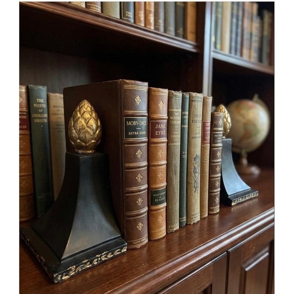 Ethan Allen Artichoke Finial Bookends Pair Black Gold Neoclassical Decor